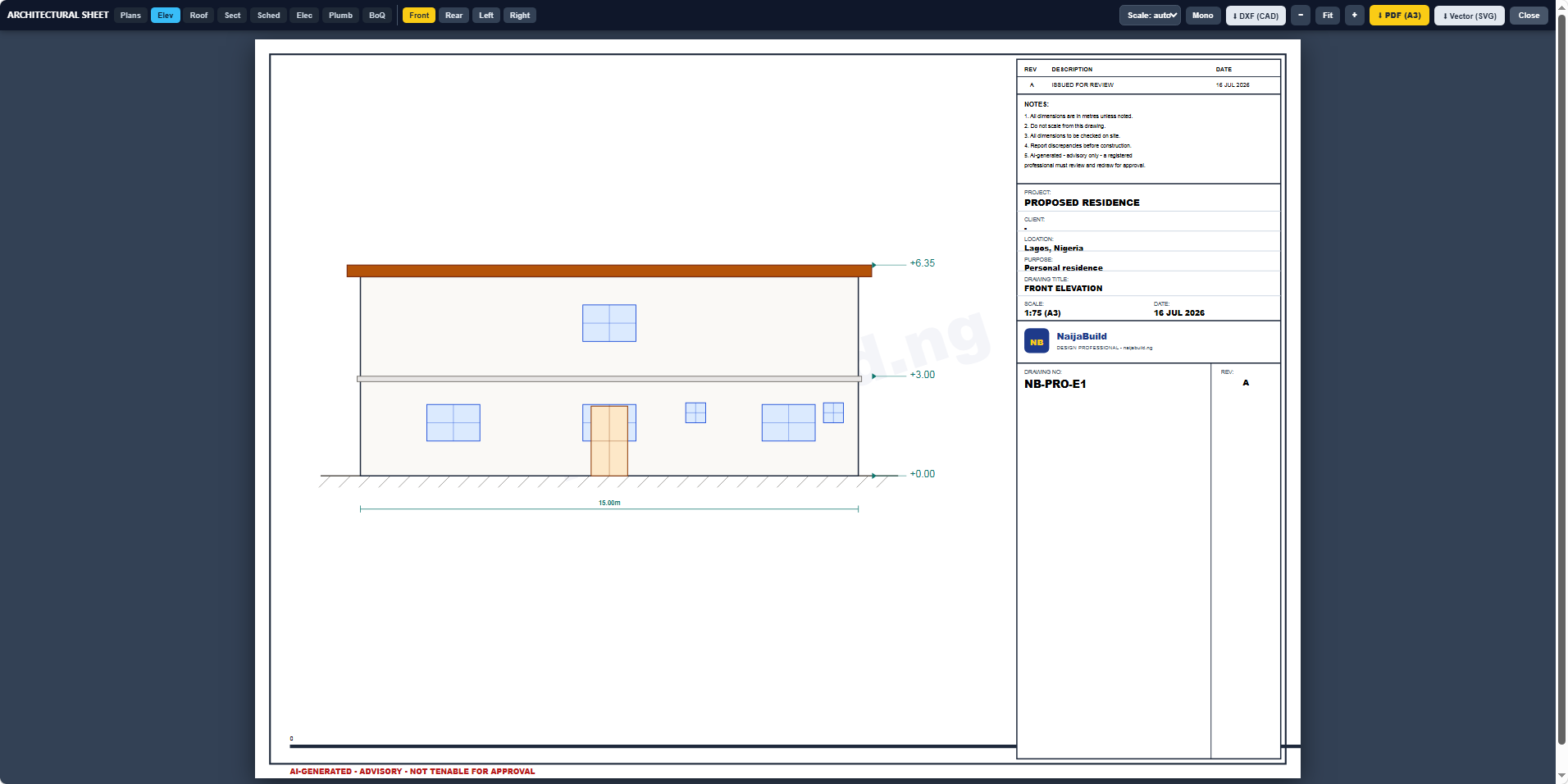 Front elevation sheet