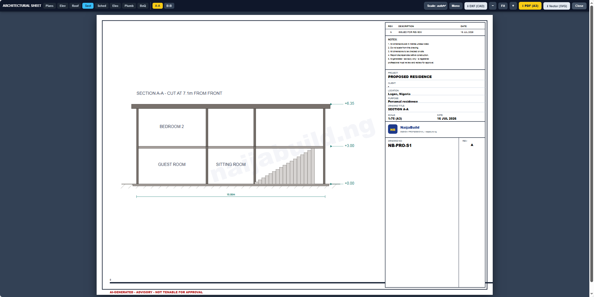 Section sheet with staircase